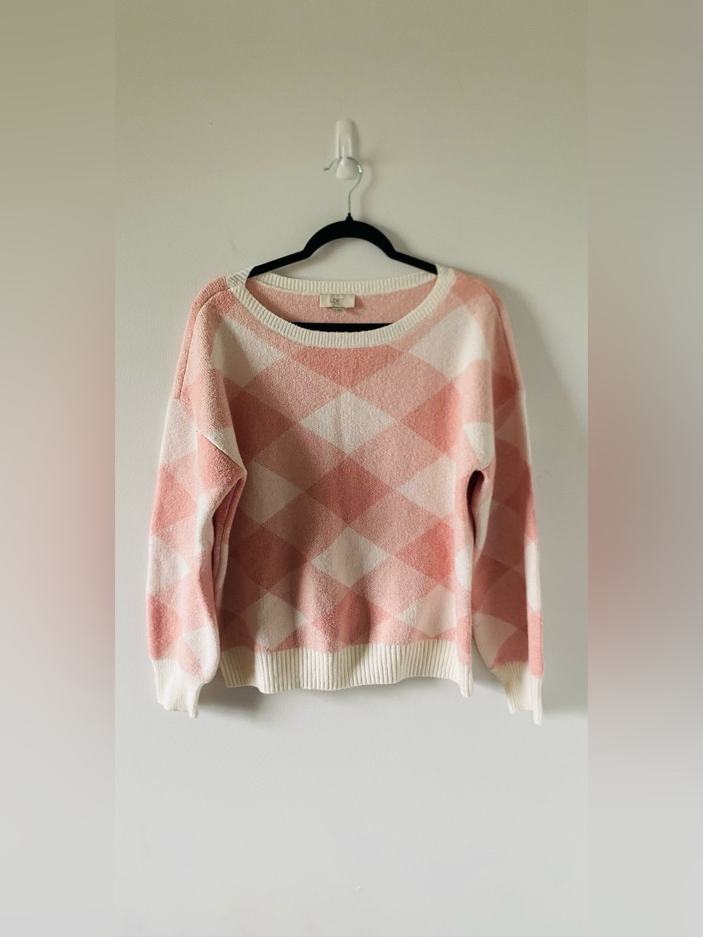 LOFT Pink & White Argyle Crew Neck Sweater Size L Preppy Academia Y2K Retro